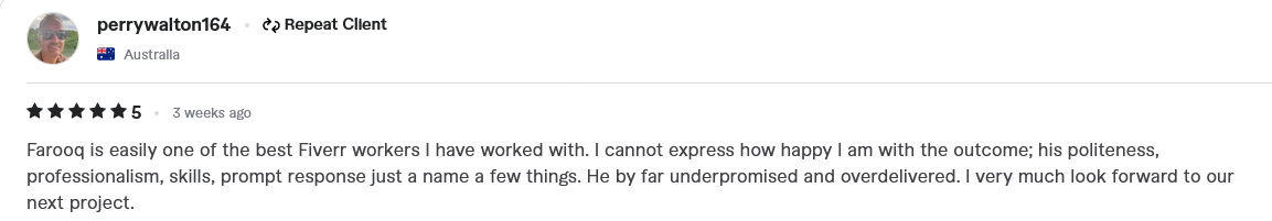 Verified 5-star Fiverr client review