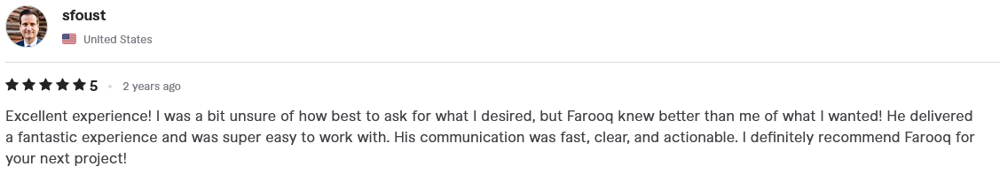 Verified 5-star Fiverr client review