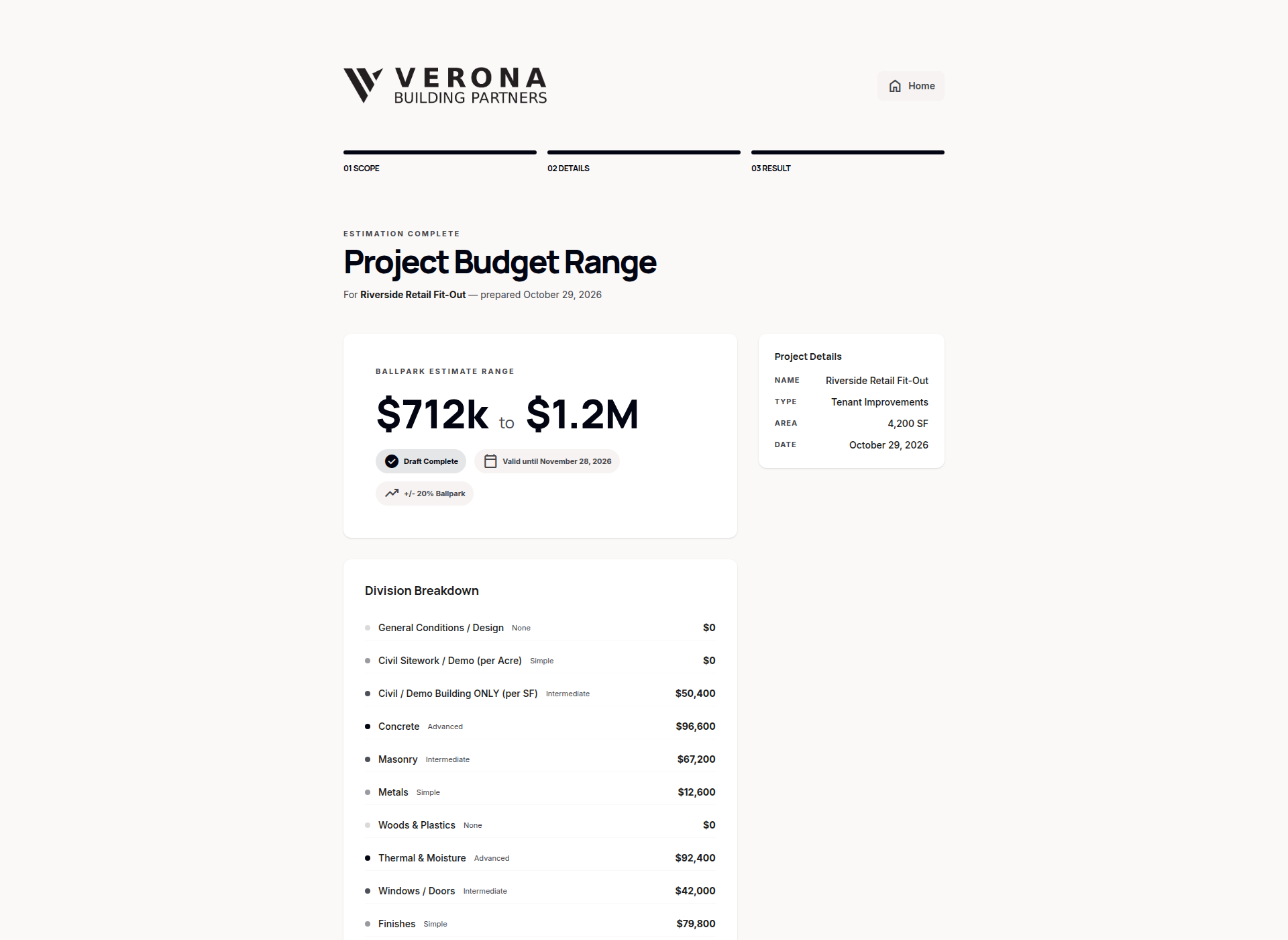 Construction Cost Estimating and Project Schedule Platform web application - converted from the original Excel spreadsheet (screen 4)