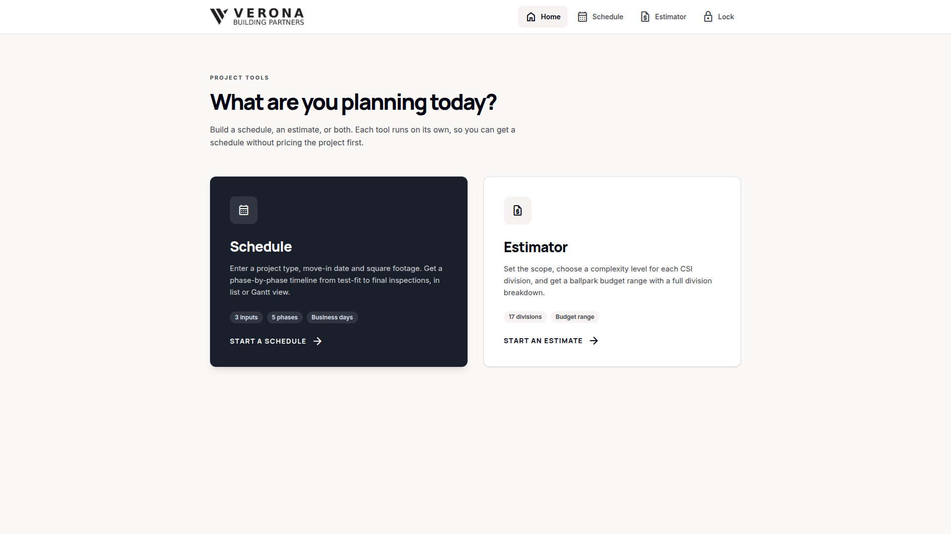 Construction Cost Estimating and Project Schedule Platform web application - converted from the original Excel spreadsheet (screen 1)