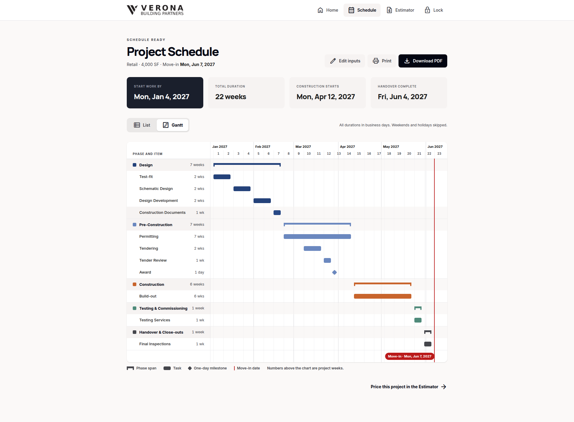 Construction Cost Estimating and Project Schedule Platform web application - converted from the original Excel spreadsheet (screen 5)