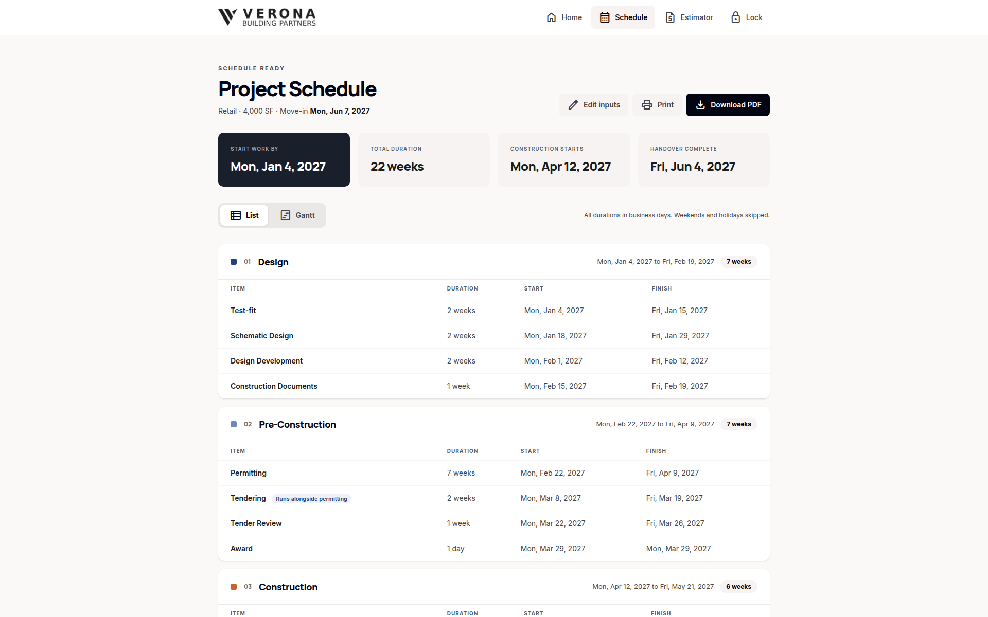 Construction Cost Estimating and Project Schedule Platform web application - converted from the original Excel spreadsheet (screen 6)