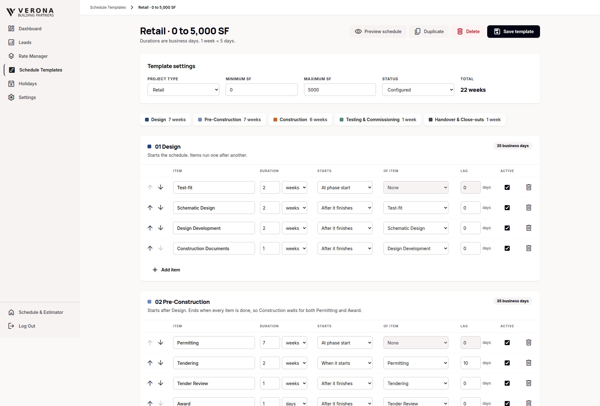 Construction Cost Estimating and Project Schedule Platform web application - converted from the original Excel spreadsheet (screen 7)