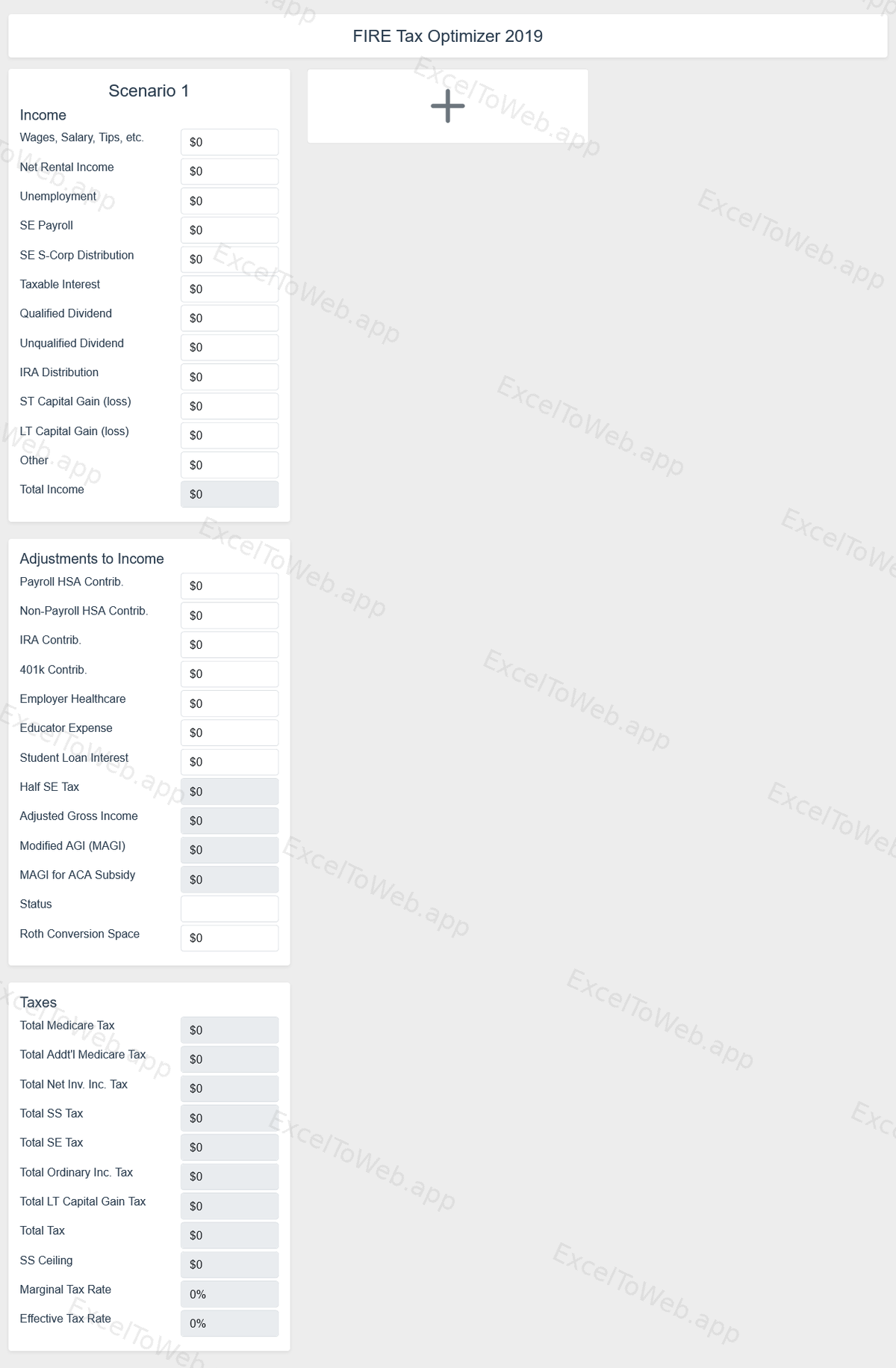 FIRE Tax Optimization Calculator web application - converted from the original Excel spreadsheet (screen 2)
