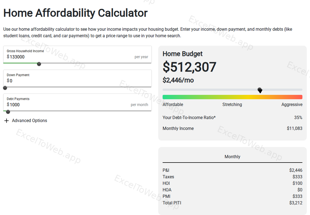 Home Affordability Calculator web application - converted from the original Excel spreadsheet (screen 1)
